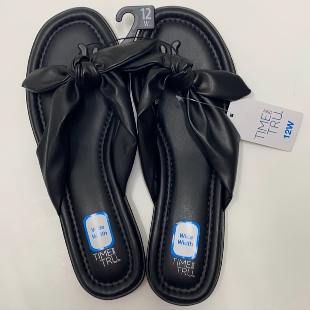 Time & True Sandal Black Bow Ribbon Faux Leather Memory Foam Ladies Women 12W!